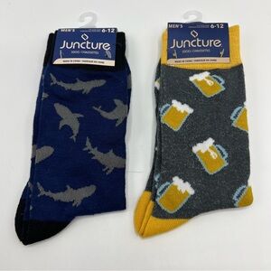 NWT Juncture Men’s Socks Size 6-12 Yellow Beer Mugs Gray Sharks‎ 2 Pairs